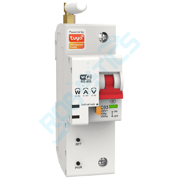INTERRUPTOR/BREAKER INTELIGENTE 1 CANAL 63A RCB + MEDIDOR DE ENERGIA WIFI TUYA RCBM-1P
